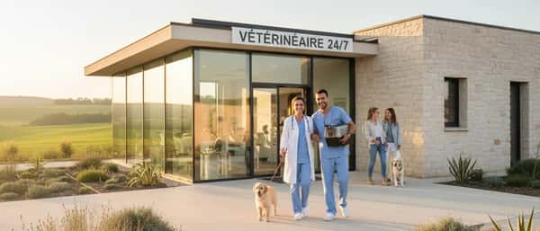 Veterinário brasileiro examinando golden retriever em mesa de exame de hospital veterinário 24 horas moderno