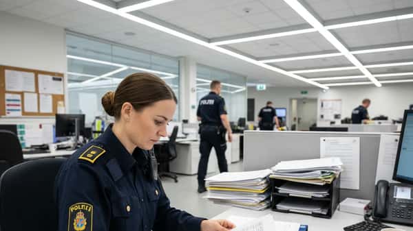 Polis granskar övertidsrapport och skiftschema vid skrivbord på polisstation Malmö, RALS 2025-2027 övertidsregler