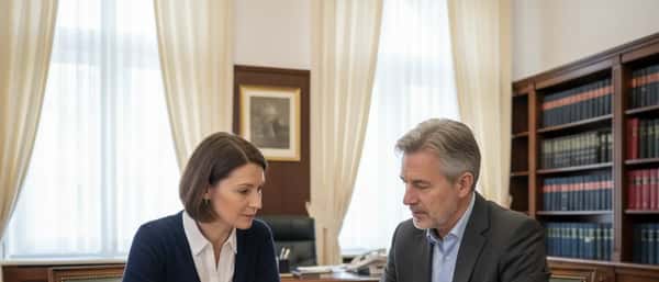 Mandantin und Scheidungsanwalt besprechen Unterlagen in einer Wiener Kanzlei mit Tageslicht