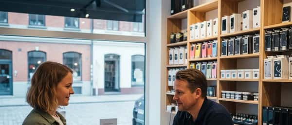 Kvinne leverer en smarttelefon med sprukket skjerm til en tekniker i et mobilverksted i Oslo