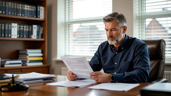 Employment solicitor in Manchester consultation room reviewing statutory redundancy pay calculation documents with a client