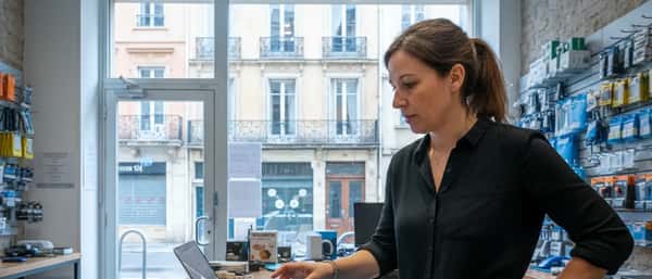 Technicienne examinant un ordinateur portable démonté dans un atelier de réparation à Lyon
