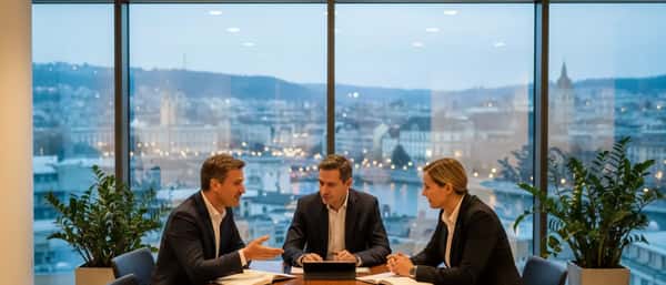 Steuerberater prüft Finanzdokumente mit einem Mandanten an einem modernen Schreibtisch in einem hellen Büro