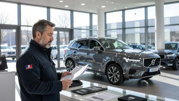 Couple examinant les fiches techniques et le barème du malus automobile dans un concessionnaire français