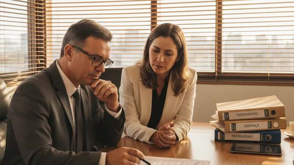 Casal brasileiro revisando documentos de planejamento sucessório com consultor financeiro em escritório de São Paulo
