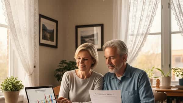 Couple québécois de la cinquantaine planifiant leur retraite autour de documents financiers dans leur cuisine à Montréal