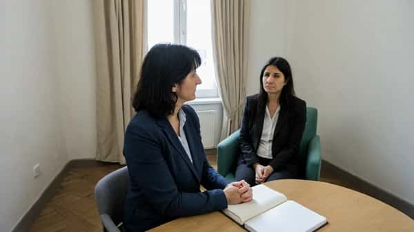 Femme française en consultation psychologique dans un cabinet parisien moderne, regard concentré, atmosphère de soin et de confiance