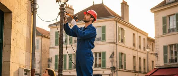 Elettricista italiano in tuta da lavoro accovacciato davanti a un quadro elettrico in un corridoio di appartamento