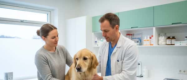 Veterinær undersøker en golden retriever på undersøkelsesbord i en moderne dyreklinikk i Bergen, eier ser på