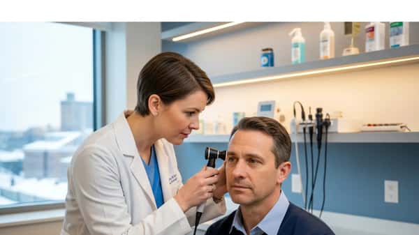 Spécialiste ORL féminine examinant l'oreille d'un patient avec un otoscope dans un cabinet médical moderne au Québec