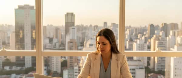 Mulher brasileira revisando documentos de plano de saúde em apartamento em São Paulo