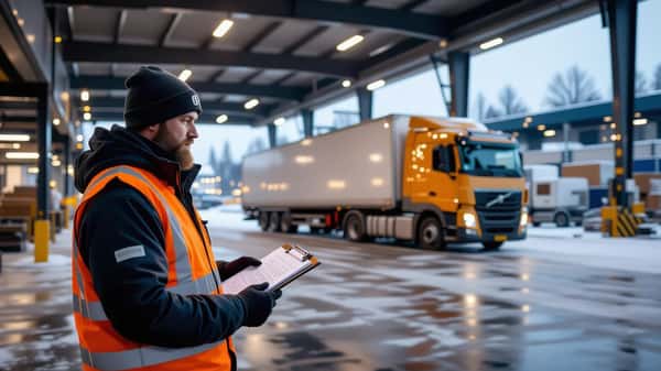 Lastbilsförare i Göteborg granskar fraktsedlar vid ett logistikcenter i gryningsljus, Transportavtalet 2025–2027