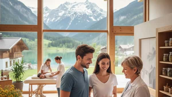 Ärztin berät eine Patientin in einer modernen österreichischen Hausarztpraxis mit Blick auf grüne Hügel