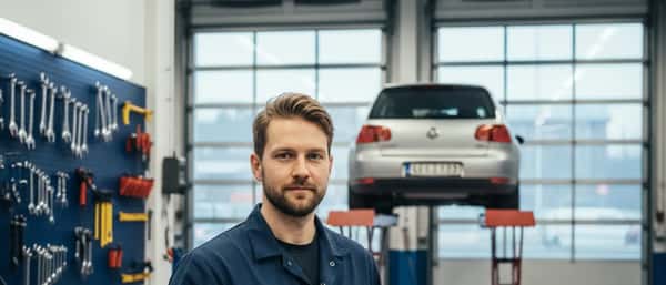 Bilmekaniker med diagnoseverktøy i et norsk bilverksted med bil på løftebukk