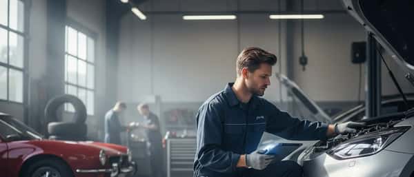 Dansk bilmekaniker arbejder under en hævet bil på hydraulisk lift i et velorganiseret autoværksted