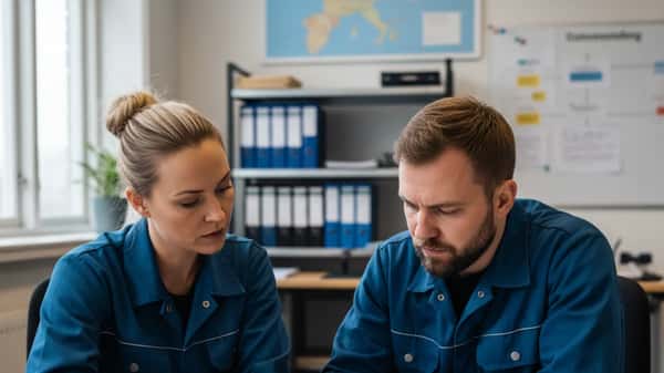 HR-chef och IF Metall-representant granskar Teknikavtalets lönerevisionsdokument på fabrikskontor i Göteborg