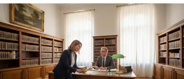 Familienrechtsanwältin berät Mandantin in einer Wiener Kanzlei mit Büchern und Dokumenten auf dem Schreibtisch