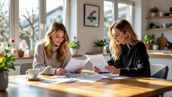 Nordisk kvinne gjennomgår finansdokumenter ved spisebord i lys skandinavisk stue