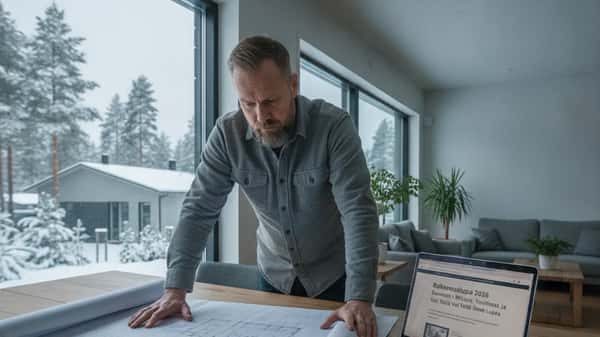 Suomalainen asukas tarkastelee rakennuspiirustuksia kotona Oulussa ennen rakennuslupahakemuksen jättämistä