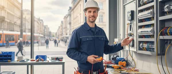 Électricien français travaillant sur un tableau électrique dans un appartement résidentiel moderne