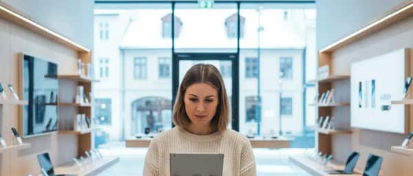 Nordisk kvinne undersøker et nettbrett i en moderne norsk elektronikkbutikk med dagslys gjennom store vinduer