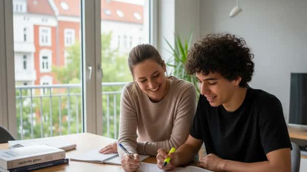 Studentin gibt einem Jugendlichen Nachhilfe an einem hellen Schreibtisch in einer modernen Berliner Wohnung