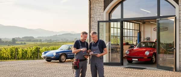 Carrozziere professionista che esamina i danni sulla carrozzeria di una berlina in un'officina di riparazione auto in Italia