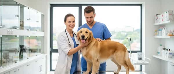 British veterinary surgeon examining a golden retriever on a consultation table in a modern veterinary clinic