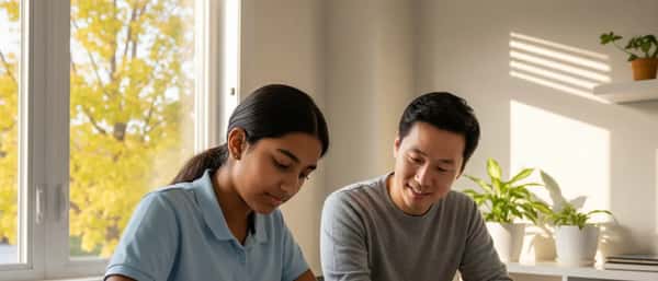 South Asian Canadian student and tutor working through algebra equations together at a desk in a bright Toronto home study nook