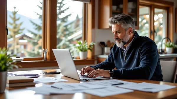 A South Asian-Canadian man reviewing legal documents and court forms at a kitchen table in a suburban Vancouver home