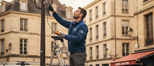 Mann steht in deutschem Wohnungsflur und schaut auf sein Smartphone vor offenem Sicherungskasten