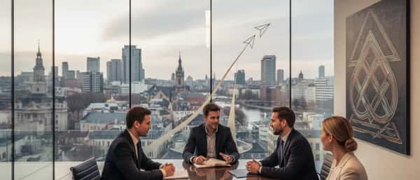 British woman reviewing legal documents with a solicitor in a modern law office