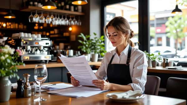 Restauranganställd kvinna granskar kollektivavtal vid serveringsdisk i Göteborg, varmt kvällsljus