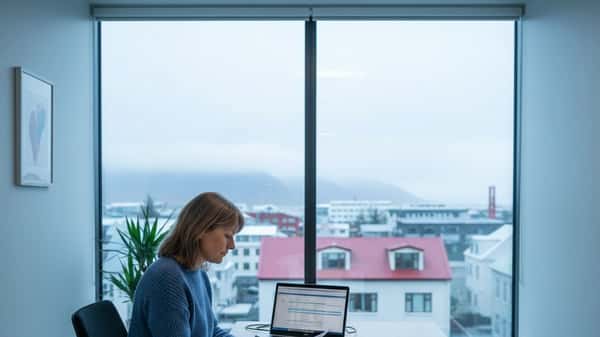 Skattaráðgjafi yfirfer skattgögn við birki skrifborð á skrifstofu í Reykjavík