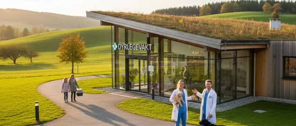 Norsk veterinær undersøker en golden retriever på akuttklinikk om natten