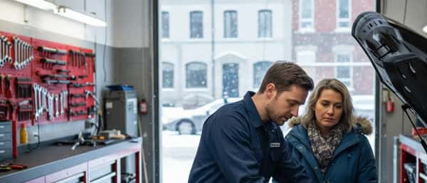 Mécanicien québécois expliquant une réparation à une cliente dans un garage organisé de Montréal