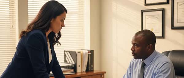 Immigration law consultation between a Latina client and an attorney in a Houston office with afternoon light through venetian blinds