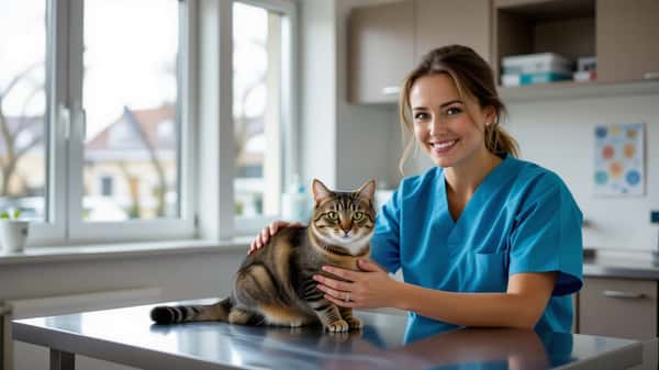 Dyrlæge chipmærker en kat under konsultation i moderne dyreklinik i Aarhus