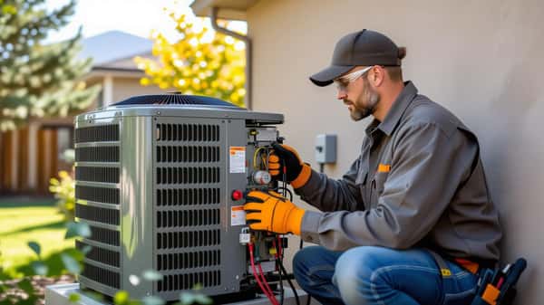 HVAC technician examining outdoor AC condenser unit with gauge manifold in suburban Denver Colorado