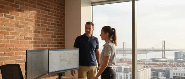 Empresário português e técnica de informática a analisar infraestrutura de rede num escritório moderno em Lisboa