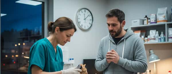 Vétérinaire examinant un chat tigré dans une clinique de nuit avec le propriétaire inquiet à côté