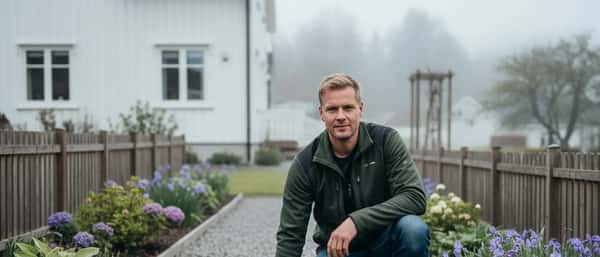 Profesjonell gartner kneler ved et nyplantet bed i en norsk hage med hvitt trehus i bakgrunnen