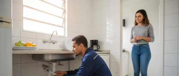 Encanador brasileiro ajustando tubulação embaixo de pia em apartamento de São Paulo com luz natural