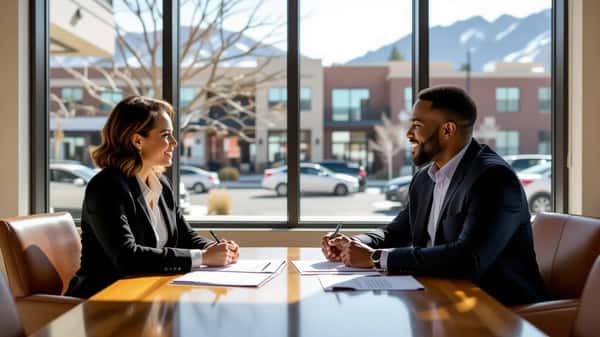 A Hispanic American woman presenting housing violation evidence to a property official in a Denver housing authority office