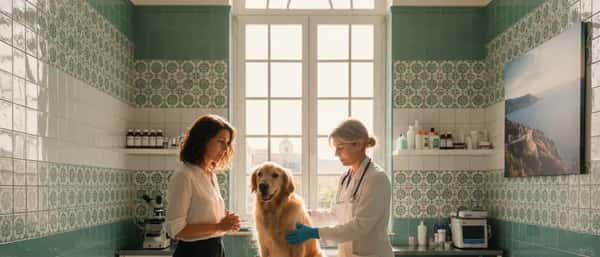 Veterinária portuguesa a examinar um golden retriever numa clínica em Lisboa enquanto a dona observa com atenção