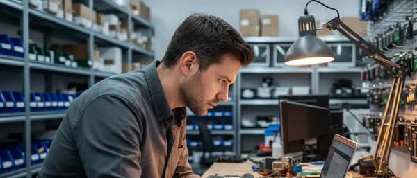 IT-Techniker untersucht geöffneten Laptop auf Werkbank in einer Münchner Reparaturwerkstatt