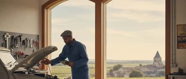 Mecânico brasileiro explicando um problema no motor para uma cliente em uma oficina de reparação automotiva