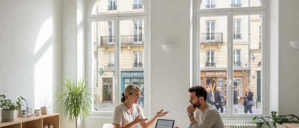 Heilpraktiker erklärt Behandlungsplan in einer Naturheilpraxis mit Kräuterregalen