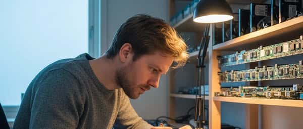 Datatekniker undersøker en demontert bærbar PC i et verksted i Stavanger