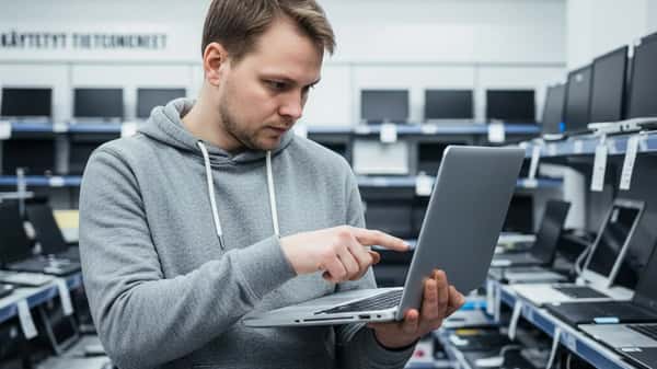 Suomalainen mies tarkistaa käytettyä kannettavaa tietokonetta helsinkiläisessä elektroniikkaliikkeessä